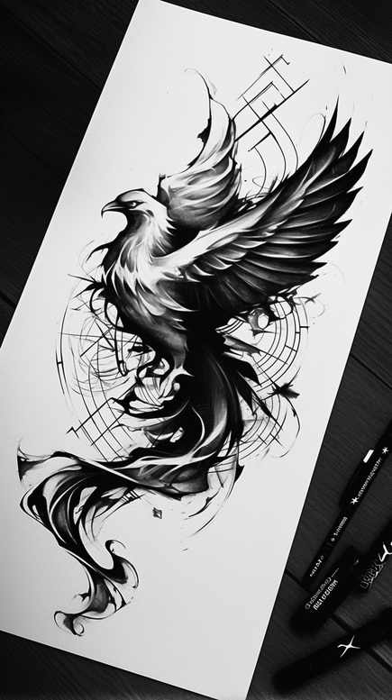 phoenix-with-abstract-pattern – tattoo design ideas free ai generated – realism-cgi-realism – for-shin – Gallery: phoenix-inkby-ai
