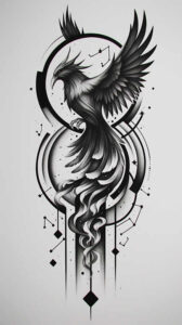 phoenix-with-abstract-pattern – tattoo design ideas free ai generated – surrealism-metamorphosis – for-side-torso – Gallery: phoenix-inkby-ai