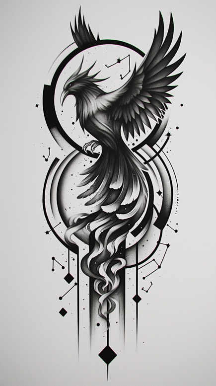 phoenix-with-abstract-pattern – tattoo design ideas free ai generated – surrealism-metamorphosis – for-side-torso – Gallery: phoenix-inkby-ai