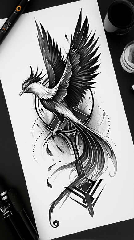phoenix-with-artistic-detail – tattoo design ideas free ai generated – realism-realistic-movement – for-sternum – Gallery: phoenix-inkby-ai