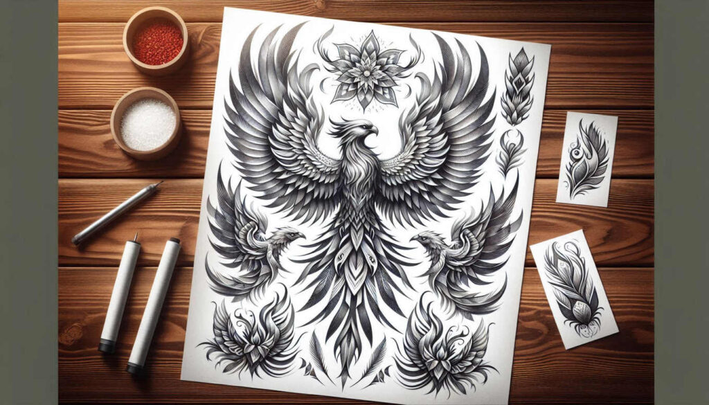 phoenix-with-energy – tattoo design ideas free ai generated – surrealism-bizarre – for-chest – Gallery: phoenix-inkby-ai