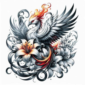 phoenix-with-feathers – tattoo design ideas free ai generated – neotraditional-dynamic-color – for-sternum – Gallery: phoenix-inkby-ai