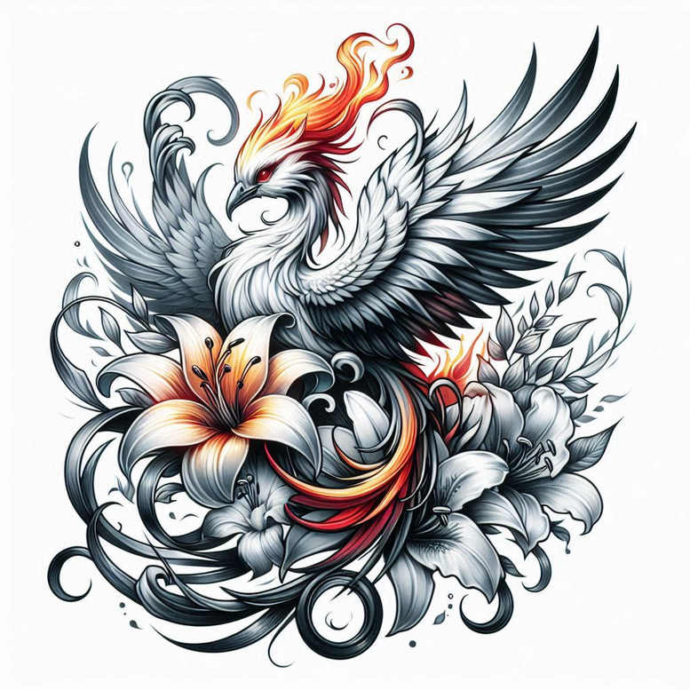 phoenix-with-feathers – tattoo design ideas free ai generated – neotraditional-dynamic-color – for-sternum – Gallery: phoenix-inkby-ai