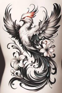 phoenix-with-feathers – tattoo design ideas free ai generated – neotraditional-layered-fill – for-back-of-neck – Gallery: phoenix-inkby-ai
