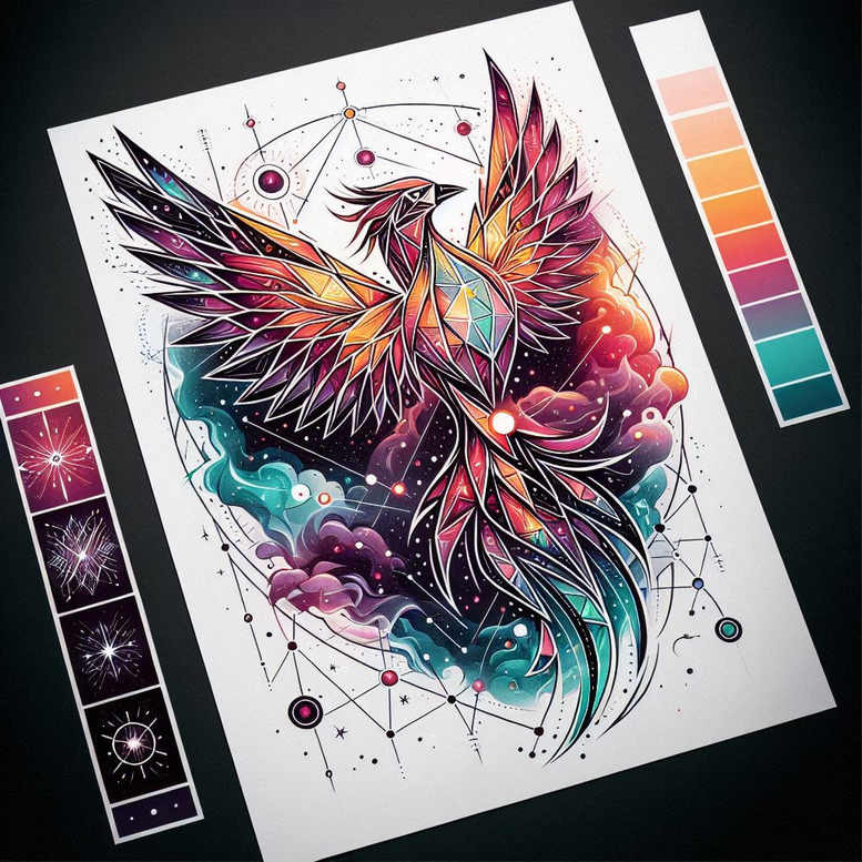 phoenix-with-fire-motif – tattoo design ideas free ai generated – realism-light-play – for-collarbone – Gallery: phoenix-inkby-ai