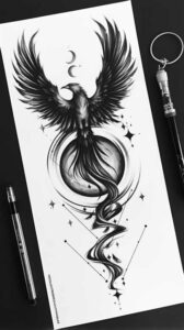 phoenix-with-flames – tattoo design ideas free ai generated – neotraditional-contoured-forms – for-upper-shoulder – Gallery: phoenix-inkby-ai