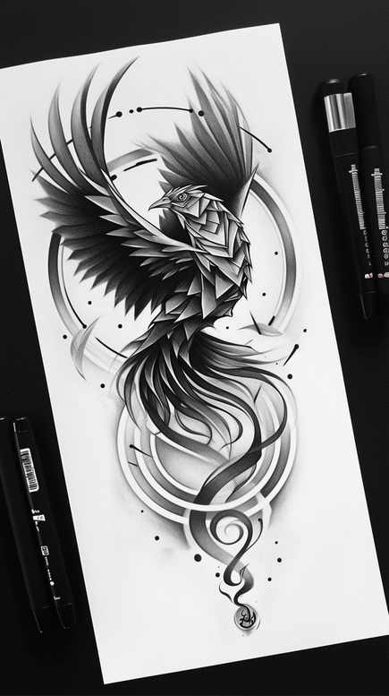 phoenix-with-flowing-lines – tattoo design ideas free ai generated – surrealism-beyond-reality – for-chest – Gallery: phoenix-inkby-ai