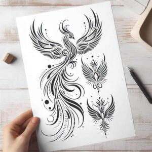 phoenix-with-flowing-lines – tattoo design ideas free ai generated – surrealism-dynamic-shapes – for-scapula – Gallery: phoenix-inkby-ai