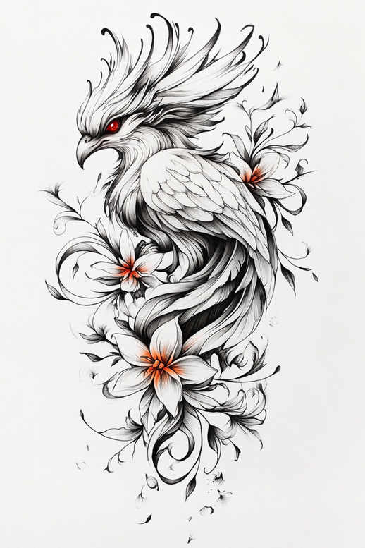 phoenix-with-lines – tattoo design ideas free ai generated – surrealism-dreamlike – for-lower-thigh – Gallery: phoenix-inkby-ai