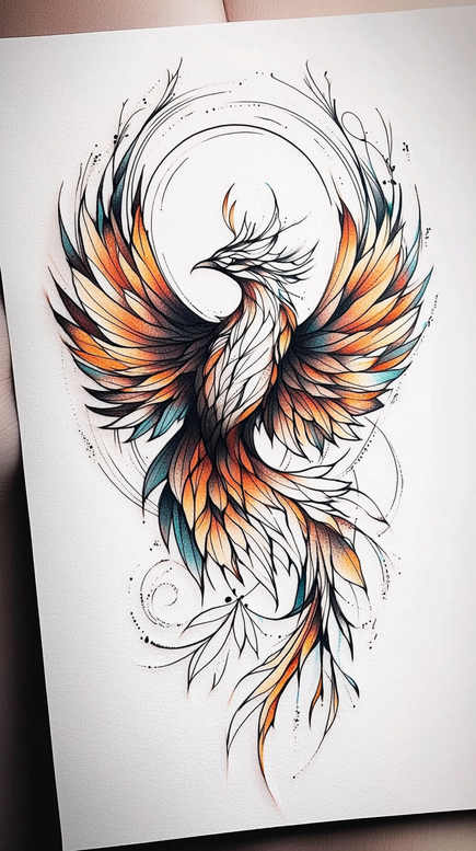 phoenix-with-mystical-symbol – tattoo design ideas free ai generated – surrealism-fragmentation – for-upper-chest – Gallery: phoenix-inkby-ai