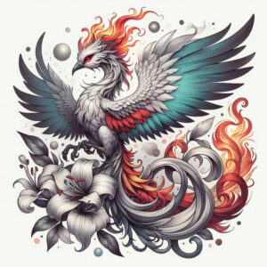 phoenix-with-mystical-symbol – tattoo design ideas free ai generated – surrealism-shimmering-forms – for-full-back – Gallery: phoenix-inkby-ai