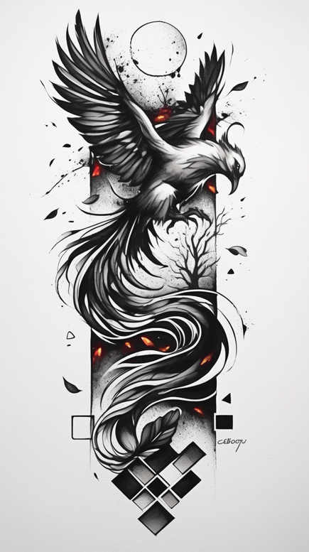 phoenix-with-ornamental-details – tattoo design ideas free ai generated – surrealism-altered-reality – for-lower-leg – Gallery: phoenix-inkby-ai