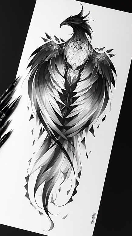 phoenix-with-ornamental-details – tattoo design ideas free ai generated – surrealism-metaphysical – for-spine – Gallery: phoenix-inkby-ai
