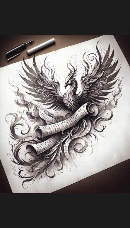 phoenix-with-spiritual-motif – tattoo design ideas free ai generated – realism-crisp-detail – for-heel – Gallery: phoenix-inkby-ai