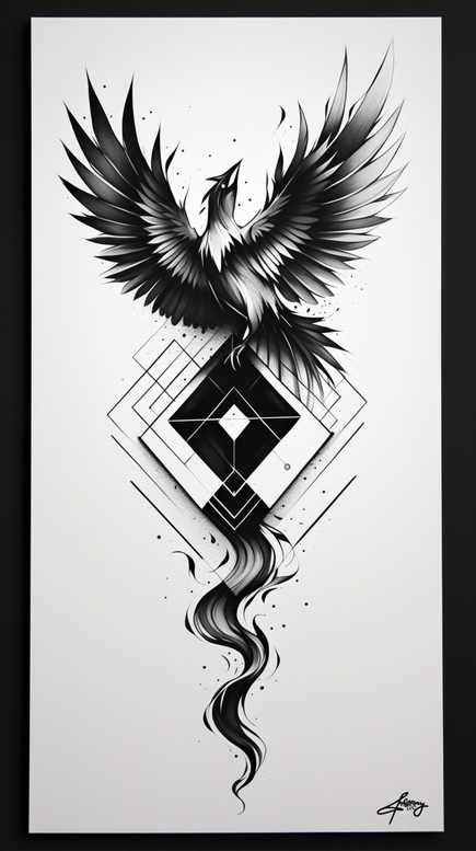 phoenix-with-symbolic-meaning – tattoo design ideas free ai generated – surrealism-juxtaposition – for-calf – Gallery: phoenix-inkby-ai