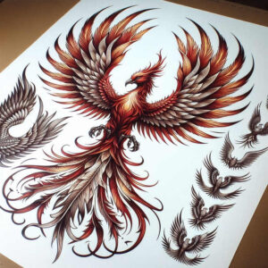 phoenix-with-waves – tattoo design ideas free ai generated – surrealism-hallucinogenic – for-stomach – Gallery: phoenix-inkby-ai