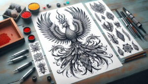 phoenix-with-wavy-lines-for-men – tattoo design ideas free ai generated – realism-visual-accuracy – for-upper-shoulder – Gallery: phoenix-inkby-ai