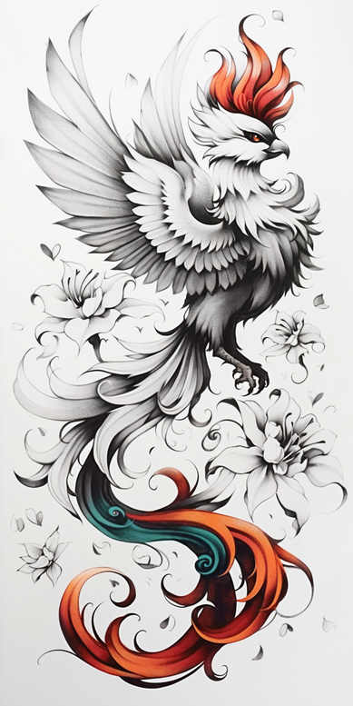 phoenix-with-wavy-lines-for-men – tattoo design ideas free ai generated – surrealism-imperfect-symmetry – for-collarbone – Gallery: phoenix-inkby-ai