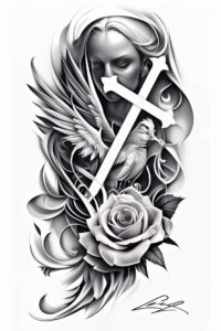 artistic-rose-tattoo – tattoo design ideas free ai generated – single-dot – for-shoulder-blade – Gallery: roses-inkby-ai