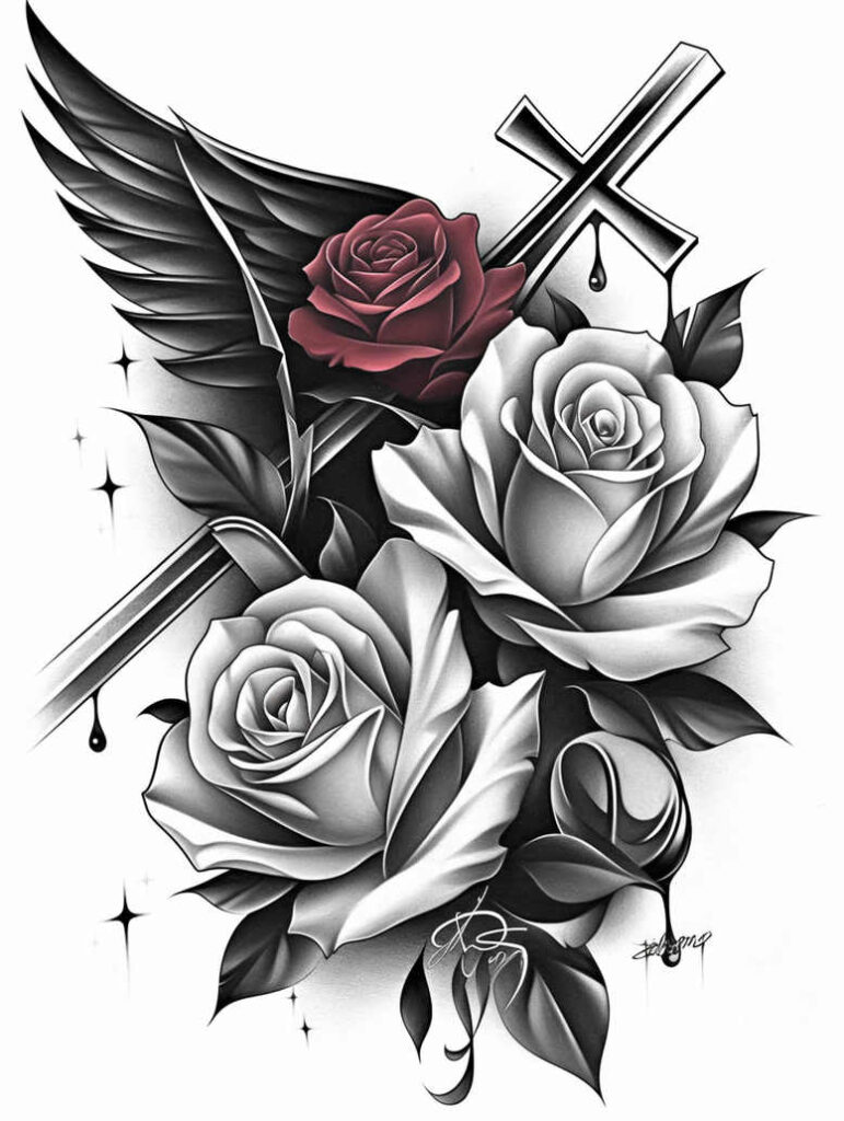 roses tattoo design ideas watercolor-style lush flower for scapula