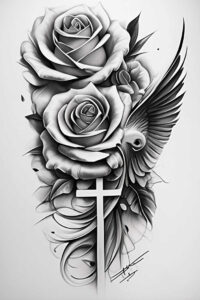 Cross, roses, wing; black and grey; tattoo project idea; cover-up possible.