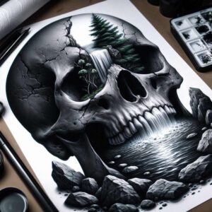 abstract-skull-tattoo – tattoo design ideas free ai generated – sinister – for-thigh – Gallery: skulls-inkby-ai