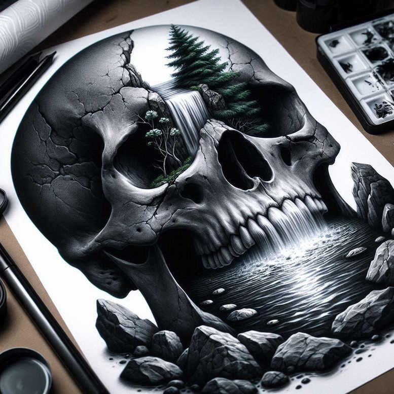 abstract-skull-tattoo – tattoo design ideas free ai generated – sinister – for-thigh – Gallery: skulls-inkby-ai