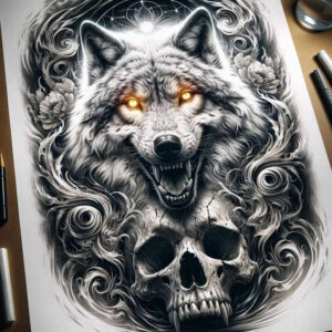 artistic-detail-skull-tattoo – tattoo design ideas free ai generated – stitched – for-upper-arm – Gallery: skulls-inkby-ai
