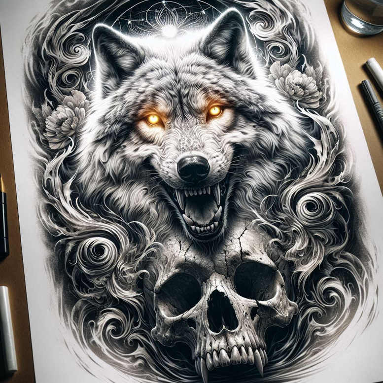 artistic-detail-skull-tattoo – tattoo design ideas free ai generated – stitched – for-upper-arm – Gallery: skulls-inkby-ai