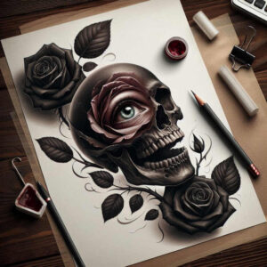 death-symbol-skull-tattoo – tattoo design ideas free ai generated – sombre – for-knee – Gallery: skulls-inkby-ai