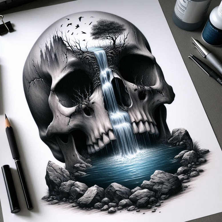 detailed-skull-tattoo – tattoo design ideas free ai generated – ghastly – for-lower-leg – Gallery: skulls-inkby-ai