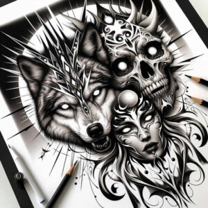 dot-skull-tattoo – tattoo design ideas free ai generated – black-fog – for-upper-chest – Gallery: skulls-inkby-ai