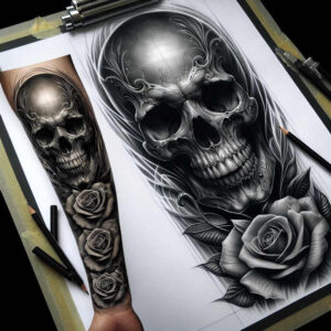 dot-skull-tattoo – tattoo design ideas free ai generated – deep-shadows – for-back-of-neck – Gallery: skulls-inkby-ai