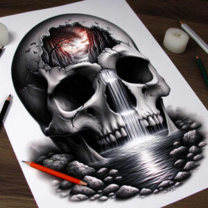 expression-skull-tattoo – tattoo design ideas free ai generated – strange-laughter – for-foot – Gallery: skulls-inkby-ai