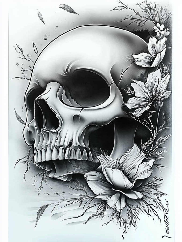 organic-line-skull-tattoo – tattoo design ideas free ai generated – hellish – for-side – Gallery: skulls-inkby-ai