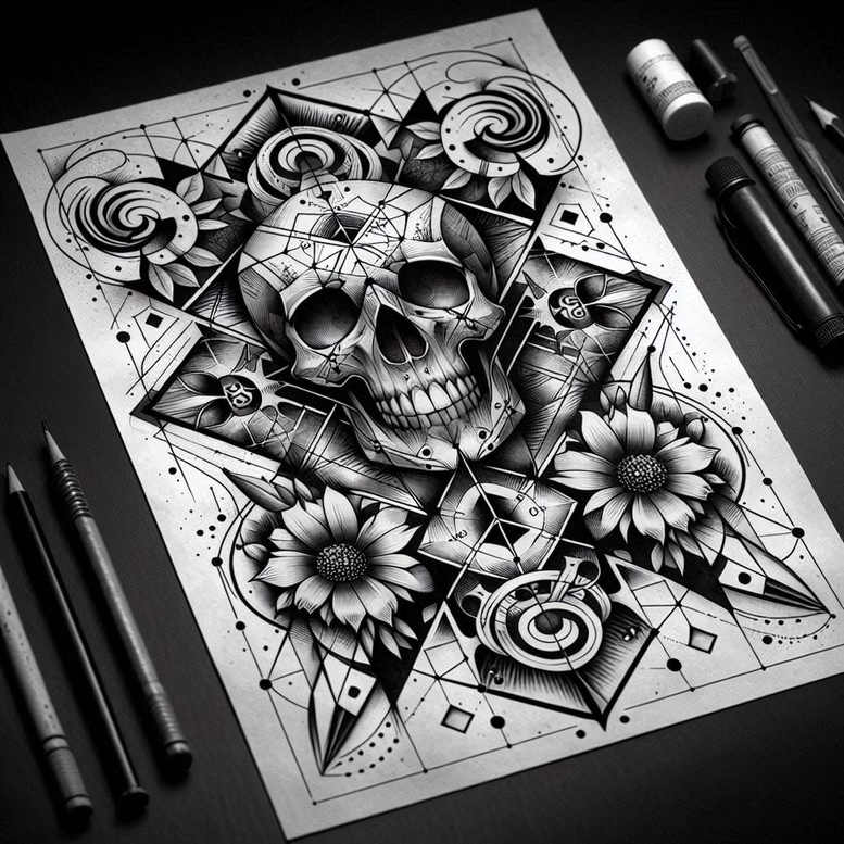 organic-line-skull-tattoo – tattoo design ideas free ai generated – lurking – for-ribs – Gallery: skulls-inkby-ai