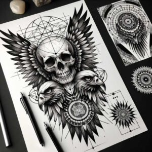 organic-line-skull-tattoo – tattoo design ideas free ai generated – spectral – for-upper-thigh – Gallery: skulls-inkby-ai