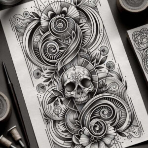 ornamental-detail-skull-tattoo – tattoo design ideas free ai generated – demonic – for-lower-leg – Gallery: skulls-inkby-ai