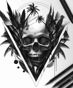 ornamental-detail-skull-tattoo – tattoo design ideas free ai generated – tattered-clothing – for-lower-back – Gallery: skulls-inkby-ai