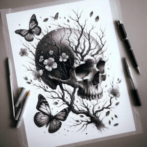 realistic-skull-tattoo – tattoo design ideas free ai generated – night-terror – for-back-of-neck – Gallery: skulls-inkby-ai