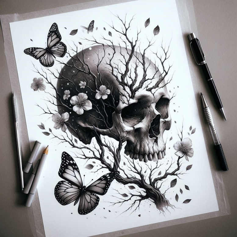 realistic-skull-tattoo – tattoo design ideas free ai generated – night-terror – for-back-of-neck – Gallery: skulls-inkby-ai