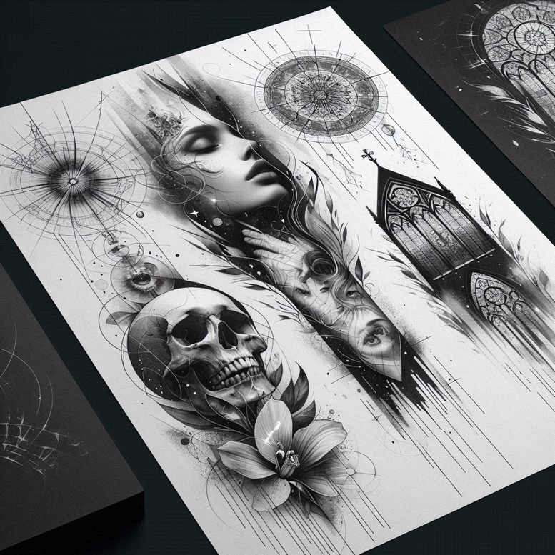 shadow-skull-tattoo – tattoo design ideas free ai generated – stitched – for-sternum – Gallery: skulls-inkby-ai