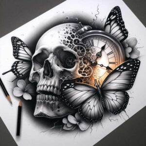 skull-tattoo – tattoo design ideas free ai generated – tattered-clothing – for-arm – Gallery: skulls-inkby-ai