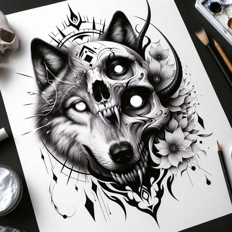 strength-motif-skull-tattoo – tattoo design ideas free ai generated – claw-marks – for-spine – Gallery: skulls-inkby-ai
