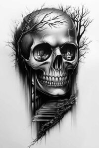 surreal-effect-skull-tattoo-for-men – tattoo design ideas free ai generated – bleak – for-knee – Gallery: skulls-inkby-ai
