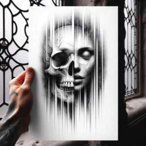 symbolic-meaning-skull-tattoo – tattoo design ideas free ai generated – blood-red – for-lower-chest – Gallery: skulls-inkby-ai