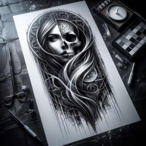 symbolic-skull-tattoo – tattoo design ideas free ai generated – foggy – for-sternum – Gallery: skulls-inkby-ai