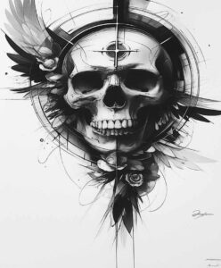 war-motif-skull-tattoo – tattoo design ideas free ai generated – decaying – for-sternum – Gallery: skulls-inkby-ai