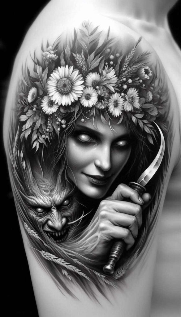 slowianskie-bostwa-ziemi-realism-precise-gradient-for-collarbone – tattoo design ideas free ai generated – Gallery: slavic-mythology-inkby-ai