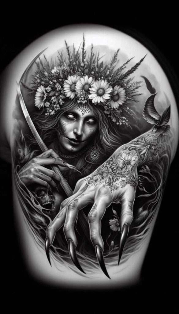 slavic-mythology tattoo design ideas textured shading stitched for knee